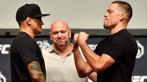 Dustin Poirier and Nate Diaz face off at a UFC press conference