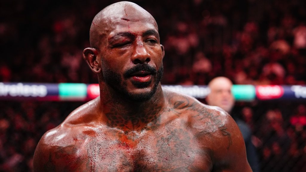 Khalil Rountree Jr. reacts in the cage following his loss to Jiri Prochazka at UFC 320