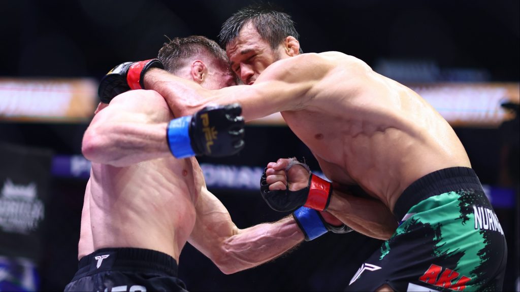 Paul Hughes and Usman Nurmagomedov collide during their fight at PFL Champions Series 3