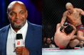 Daniel Cormier commentates during Dana White's Contender Series, opposite Alex Pereira punching a grounded Magomed Ankalaev