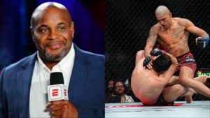 Daniel Cormier commentates during Dana White's Contender Series, opposite Alex Pereira punching a grounded Magomed Ankalaev