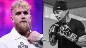 Jake Paul appears at a press conference, opposite Arturo Gatti Jr.