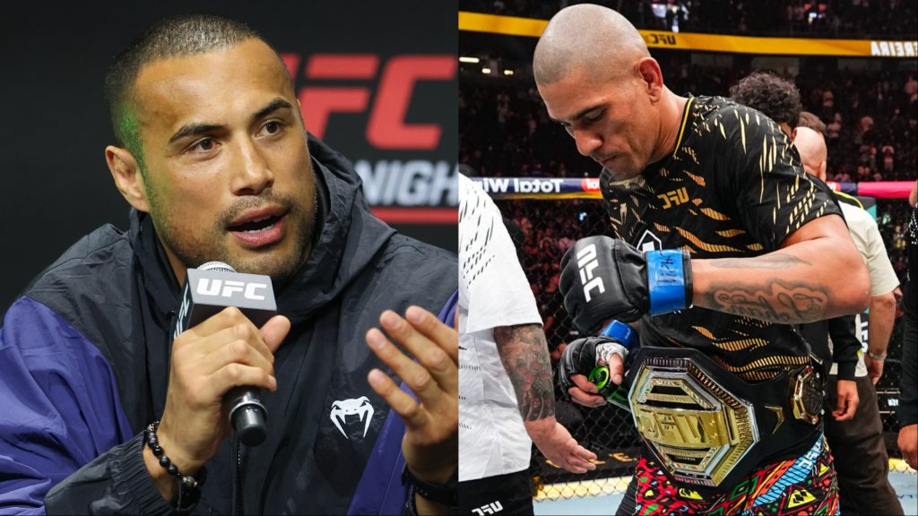 Carlos Ulberg speaks during a UFC Perth press conference, opposite Alex Pereira celebrating after his win at UFC 320