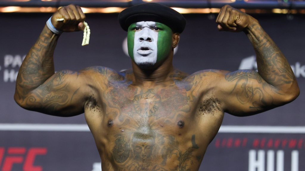 Mohammed Usman poses on the scale during the UFC Baku ceremonial weigh-in