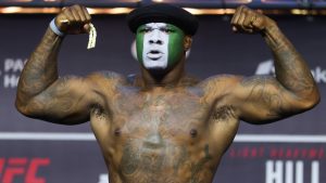 Mohammed Usman poses on the scale during the UFC Baku ceremonial weigh-in