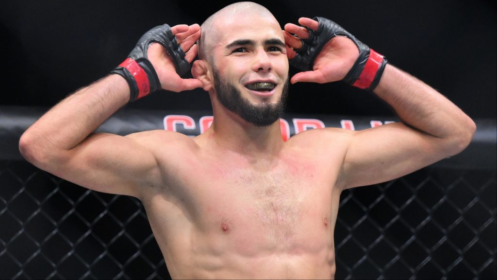 Muhammad Mokaev enters the Octagon for his fight at UFC 304