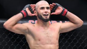 Muhammad Mokaev enters the Octagon for his fight at UFC 304