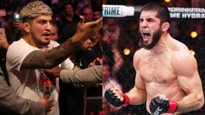 Dillon Danis interacts with security at UFC 229, opposite Islam Makhachev after his win at UFC 311