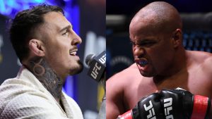 Tom Aspinall speaks at a UFC 304 press conference, opposite Daniel Cormier in the cage at UFC 252