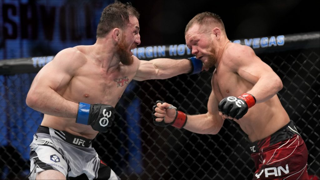 Merab Dvalishvili and Petr Yan trade punches during their fight at UFC Las Vegas