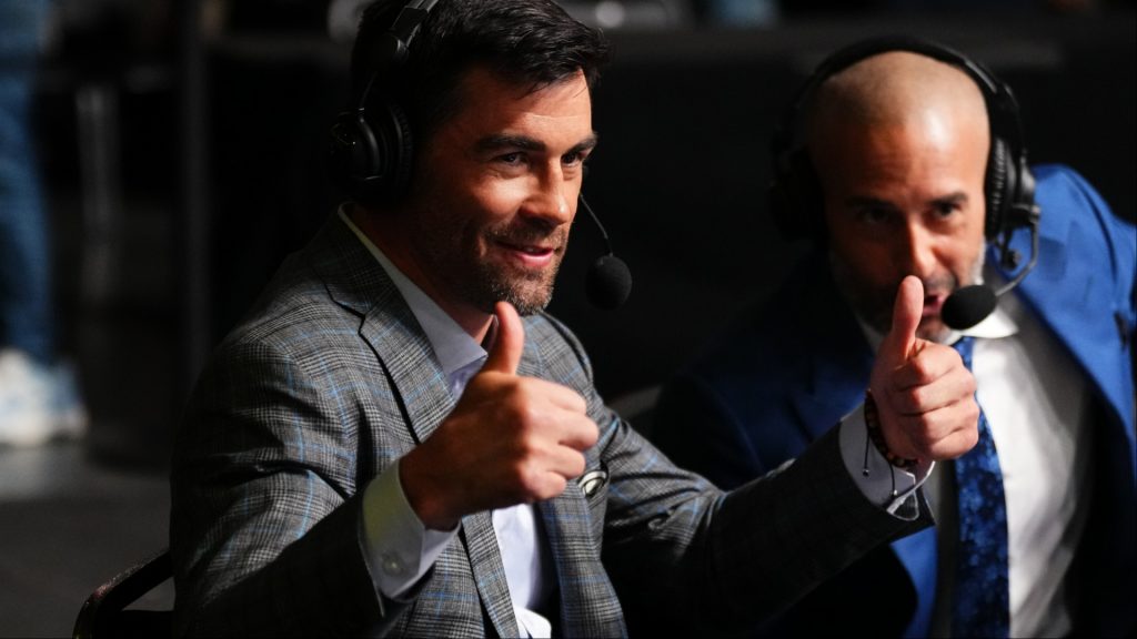 Dominick Cruz reacts while commentating a UFC event at the UFC Apex in Las Vegas