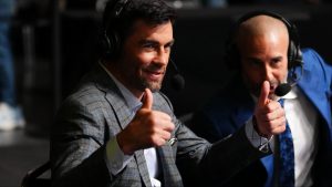 Dominick Cruz reacts while commentating a UFC event at the UFC Apex in Las Vegas