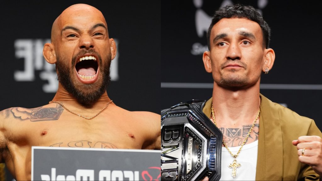 Jean Silva poses on the scale during the Noche UFC 3 ceremonial weigh-in, opposite Max Holloway holding the BMF belt at the UFC 318 press conference