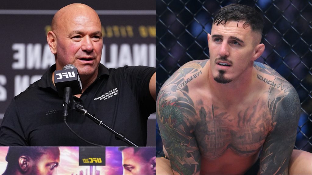 Dana White speaks at the UFC 321 pre-fight press conference, opposite Tom Aspinall in the Octagon at UFC 304