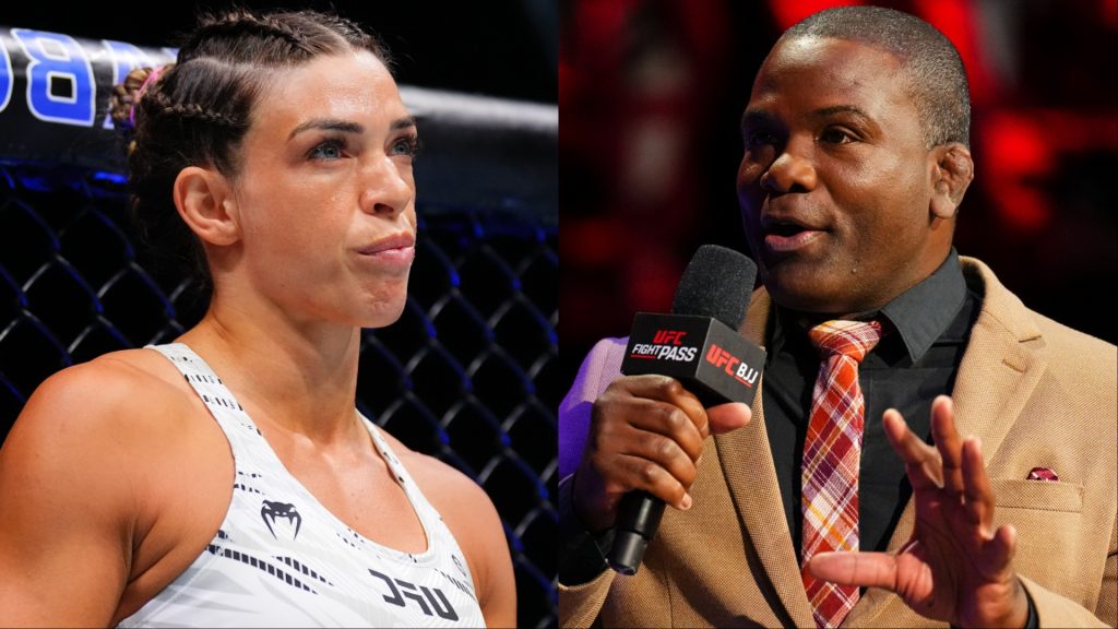 Mackenzie Dern enters the Octagon for her fight at UFC 321, opposite Din Thomas cageside at UFC BJJ 3