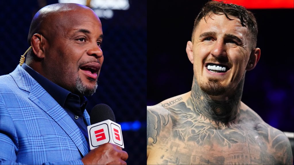 Daniel Cormier commentates cageside at UFC 321, opposite Tom Aspinall in the Octagon