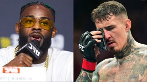 Aljamain Sterling speaks at the UFC 310 press conference, opposite Tom Aspinall at UFC 321