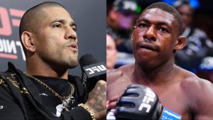 Alex Pereira speaks during a Q+A at UFC Sao Paulo, opposite Joaquin Buckley entering the cage at UFC Atlanta