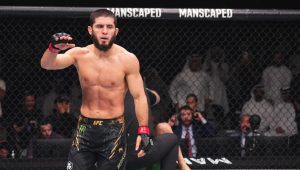 Islam Makhachev celebrates victory