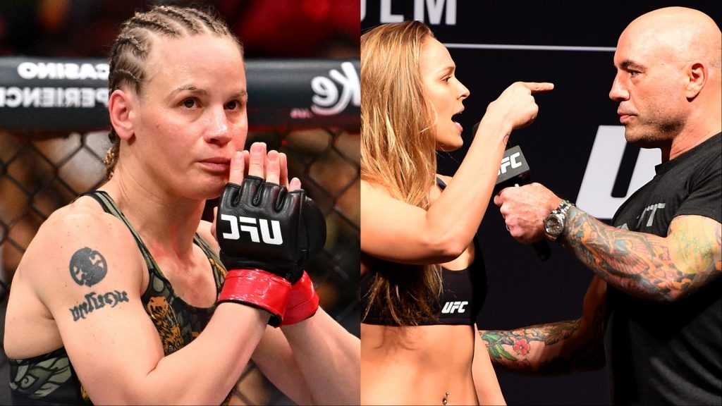 Valentina Shevchenko enters the Octagon at UFC 315, opposite Joe Rogan interviewing Ronda Rousey at a ceremonial weigh-in