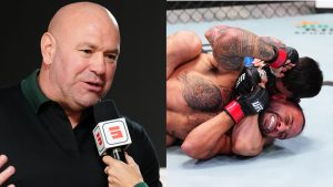 Dana White speaks with Laura Sanko after a Dana White's Contender Series episode, opposite Yadier del Valle submitting Isaac Dulgarian
