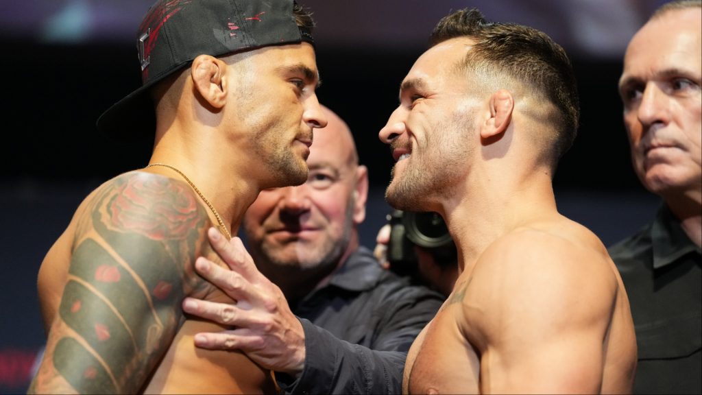 Dustin Poirier and Michael Chandler face off at the UFC 281 ceremonial weigh-in