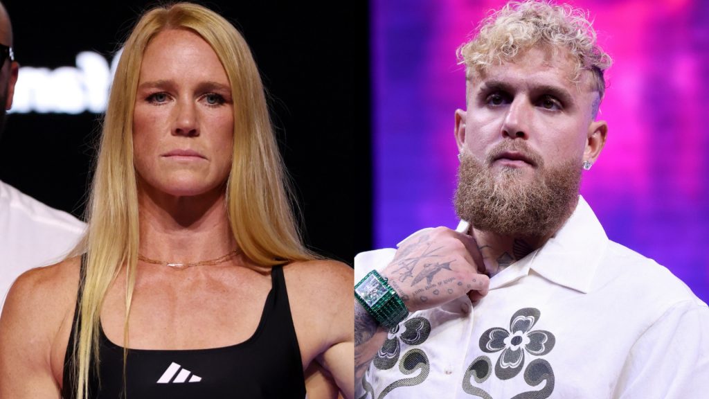 Holly Holm poses on stage at the Jake Paul vs. Julio Cesar Chavez Jr. ceremonial weigh-in