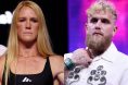 Holly Holm poses on stage at the Jake Paul vs. Julio Cesar Chavez Jr. ceremonial weigh-in