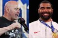 Dana White speaks at a Canelo vs. Crawford press conference, opposite Gable Steveson holding an Olympic gold medal