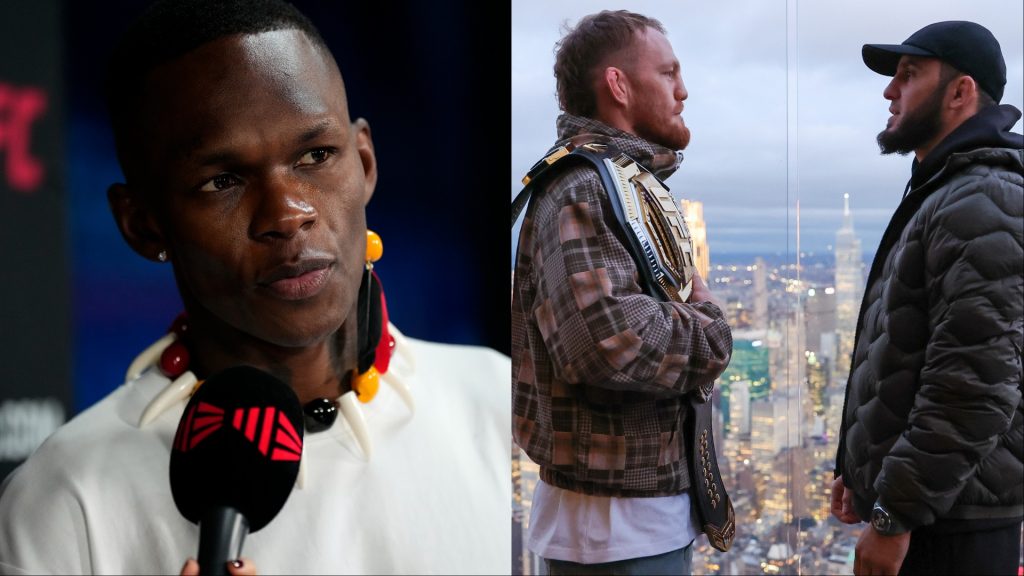 Israel Adesanya is interviewed during UFC 305 media day, opposite Jack Della Maddalena and Islam Makhachev facing off on top of the Empire State Building