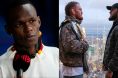 Israel Adesanya is interviewed during UFC 305 media day, opposite Jack Della Maddalena and Islam Makhachev facing off on top of the Empire State Building