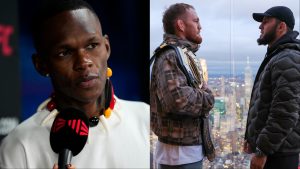 Israel Adesanya is interviewed during UFC 305 media day, opposite Jack Della Maddalena and Islam Makhachev facing off on top of the Empire State Building