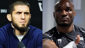 Islam Makhachev attends the UFC 311 press conference, opposite Kamaru Usman backstage at UFC 294