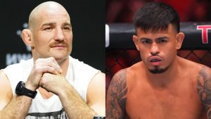 Sean Strickland appears at the UFC 312 press conference, opposite Brandon Royval at UFC 317