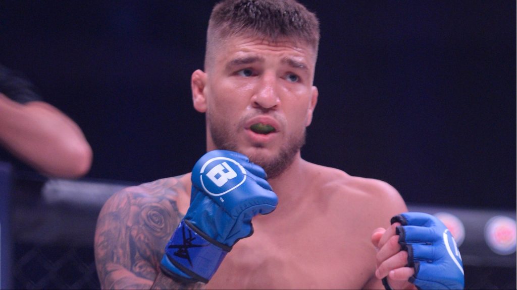 Yaroslav Amosov during a fight in the Bellator cage