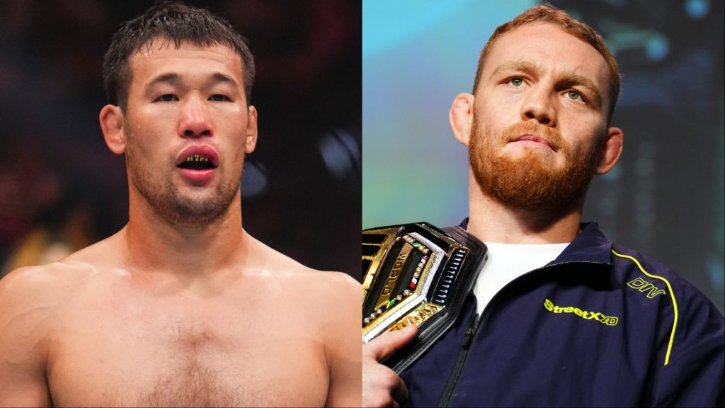 Shavkat Rakhmonov in the Octagon at UFC 310, opposite Jack Della Maddalena at the UFC 322 pre-fight press conference