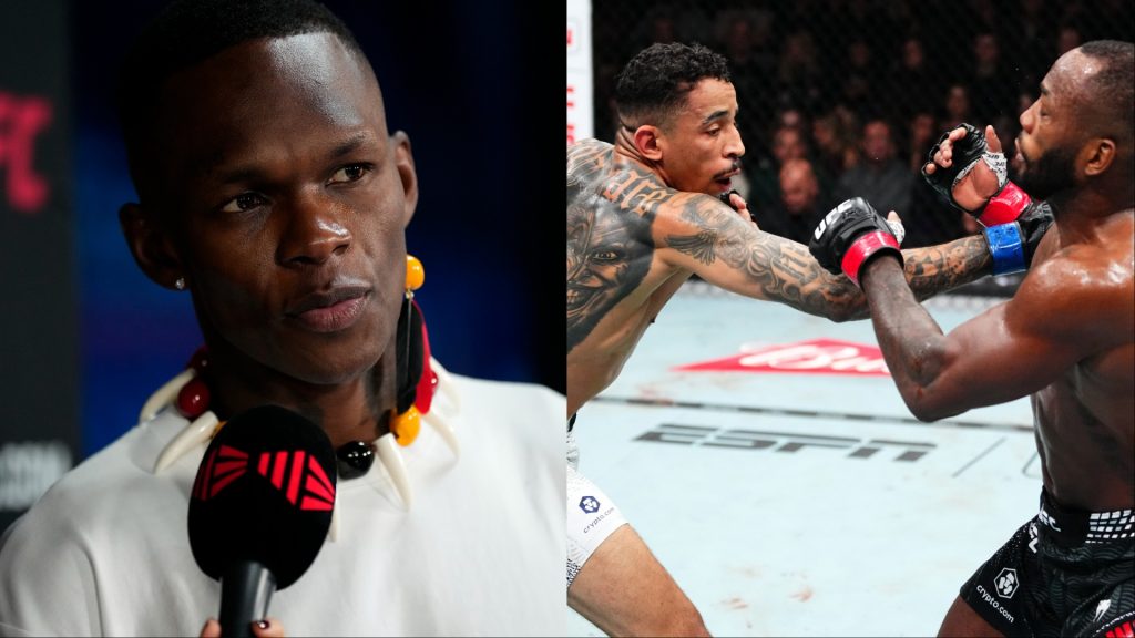 Israel Adesanya speaks with a reporter at UFC Saudi Arabia, opposite Carlos Prates KOing Leon Edwards at UFC 322