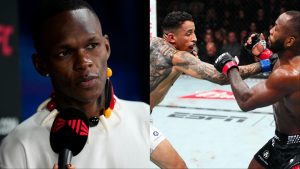 Israel Adesanya speaks with a reporter at UFC Saudi Arabia, opposite Carlos Prates KOing Leon Edwards at UFC 322