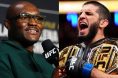 Kamaru Usman speaks at a UFC 322 Q&A, opposite Islam Makhachev celebrating with two UFC belts