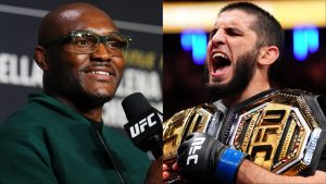 Kamaru Usman speaks at a UFC 322 Q&A, opposite Islam Makhachev celebrating with two UFC belts