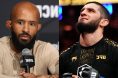 Demetrious Johnson speaks at a ONE press conference, opposite Islam Makhachev after UFC 322
