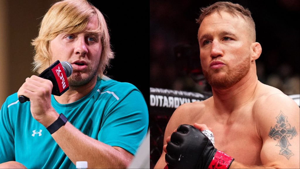 Paddy Pimblett speaks at a UFC X fan expo, opposite Justin Gaethje in the cage at UFC 313