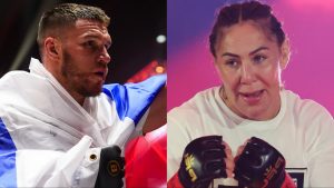 Vadim Nemkov celebrates after a win at PFL vs. Bellator, opposite Cris Cyborg walking out