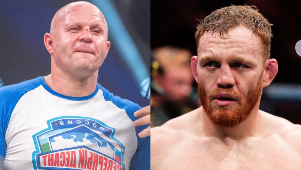 Fedor Emelianenko celebrates a Bellator win, opposite Jack Della Maddalena after UFC 322