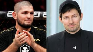 Khabib Nurmagomedov celebrates after Islam Makhachev's win at UFC 322, opposite Pavel Durov