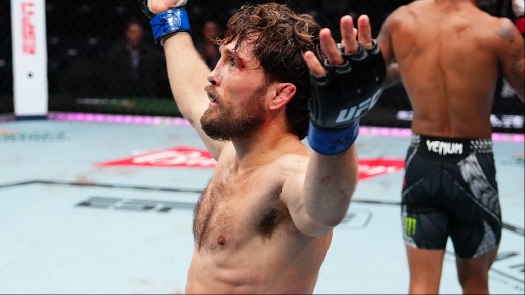 Ethyn Ewing celebrates after Round 3 of his fight at UFC 322