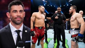 Dominick Cruz cageside at UFC 315, opposite Petr Yan and Merab Dvalishvili in the Octagon