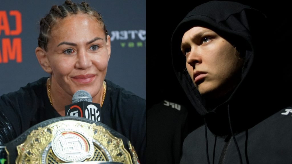 Cris Cyborg speaks at a Bellator press conference, opposite Ronda Rousey walking to the Octagon