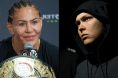Cris Cyborg speaks at a Bellator press conference, opposite Ronda Rousey walking to the Octagon