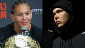 Cris Cyborg speaks at a Bellator press conference, opposite Ronda Rousey walking to the Octagon